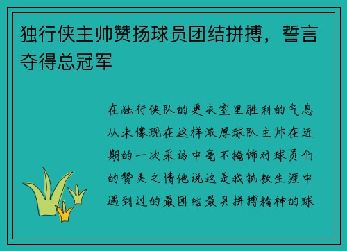 独行侠主帅赞扬球员团结拼搏，誓言夺得总冠军
