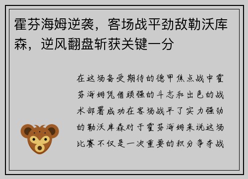 霍芬海姆逆袭，客场战平劲敌勒沃库森，逆风翻盘斩获关键一分